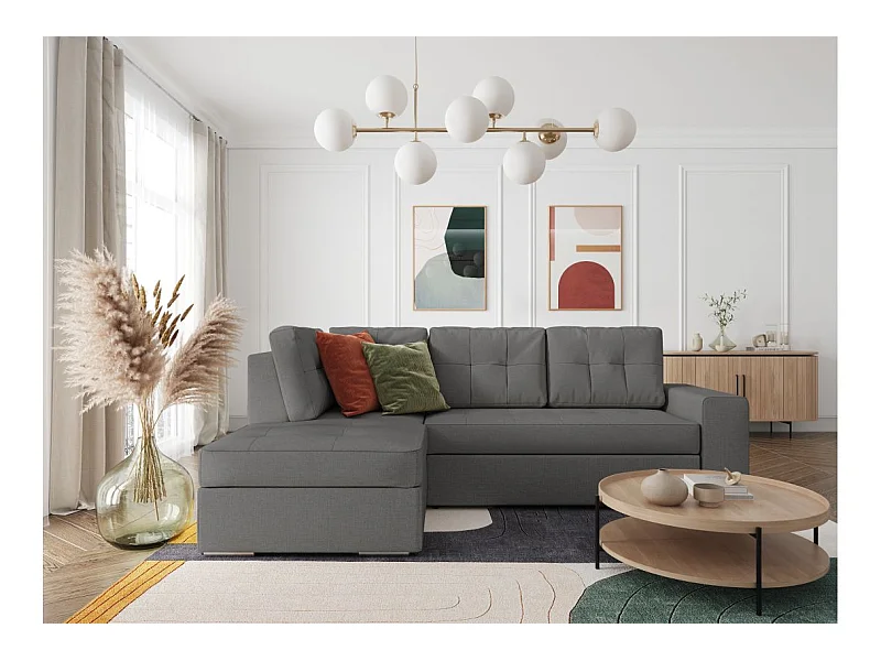 Canapé d'angle gauche 3 places convertible Aden avec coffre en tissu - Gris - L246 x P174 x H96cm - Loungitude