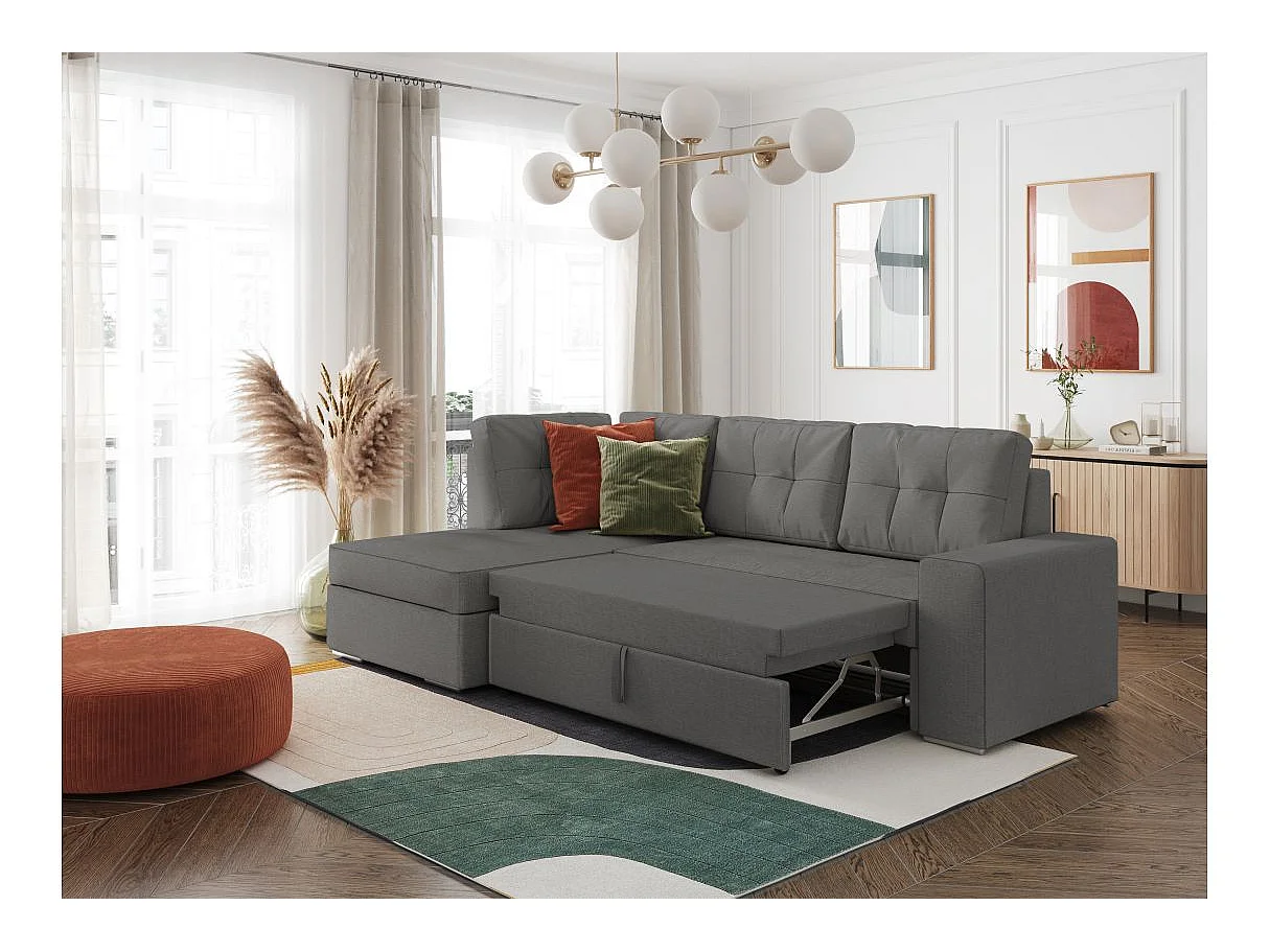 Canapé d'angle gauche 3 places convertible Aden avec coffre en tissu - Gris - L246 x P174 x H96cm - Loungitude