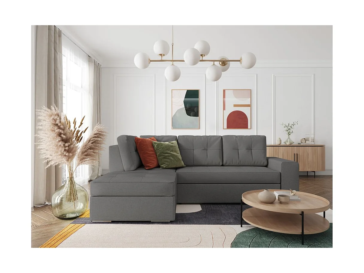 Canapé d'angle gauche 3 places convertible Aden avec coffre en tissu - Gris - L246 x P174 x H96cm - Loungitude