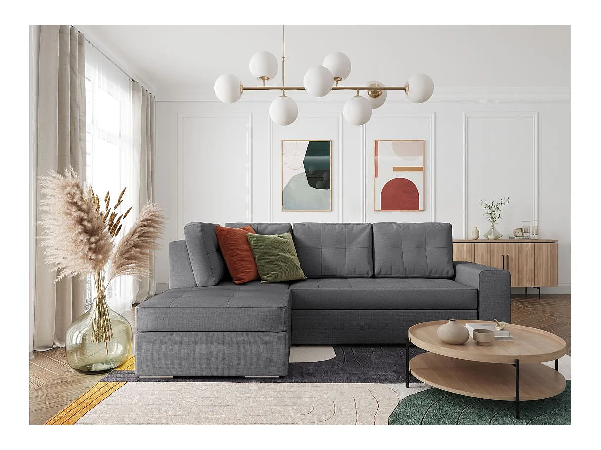 Canapé d'angle gauche 3 places convertible Aden avec coffre en tissu - Gris - L246 x P174 x H96cm - Loungitude