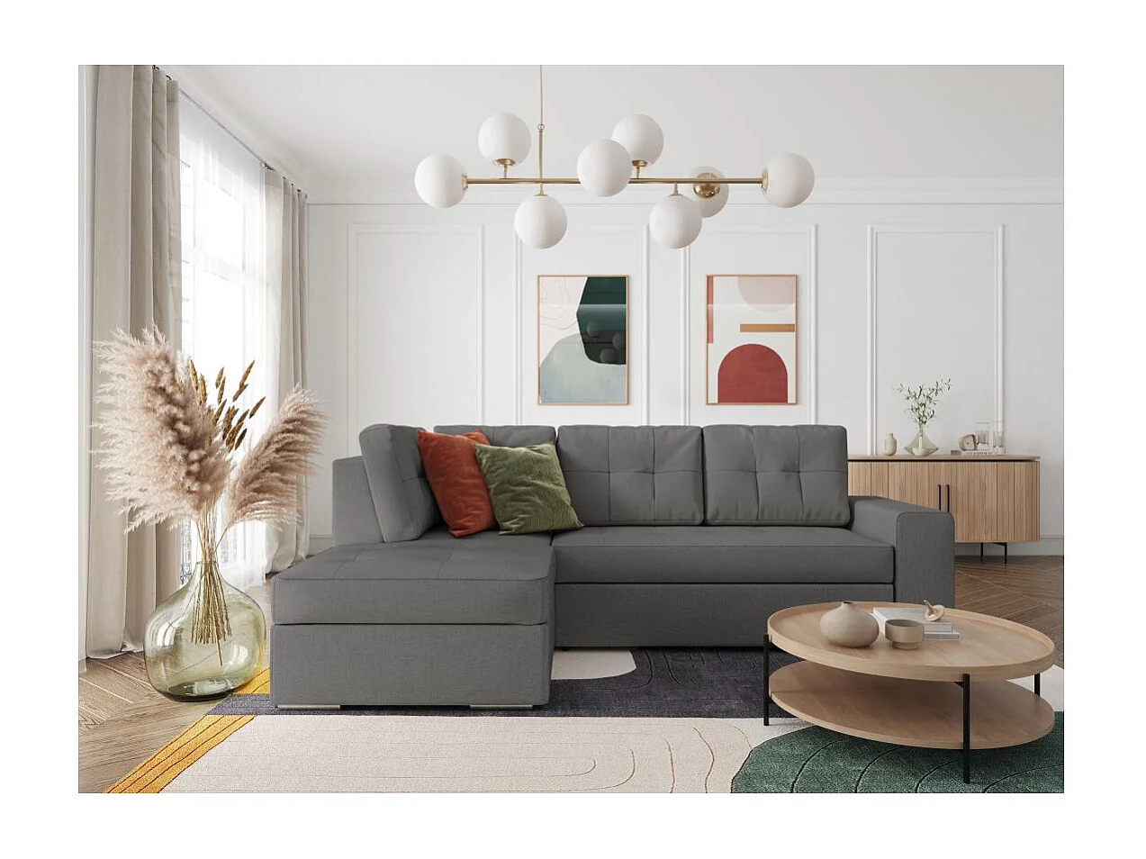 Canapé d'angle gauche 3 places convertible Aden avec coffre en tissu - Gris - L246 x P174 x H96cm - Loungitude