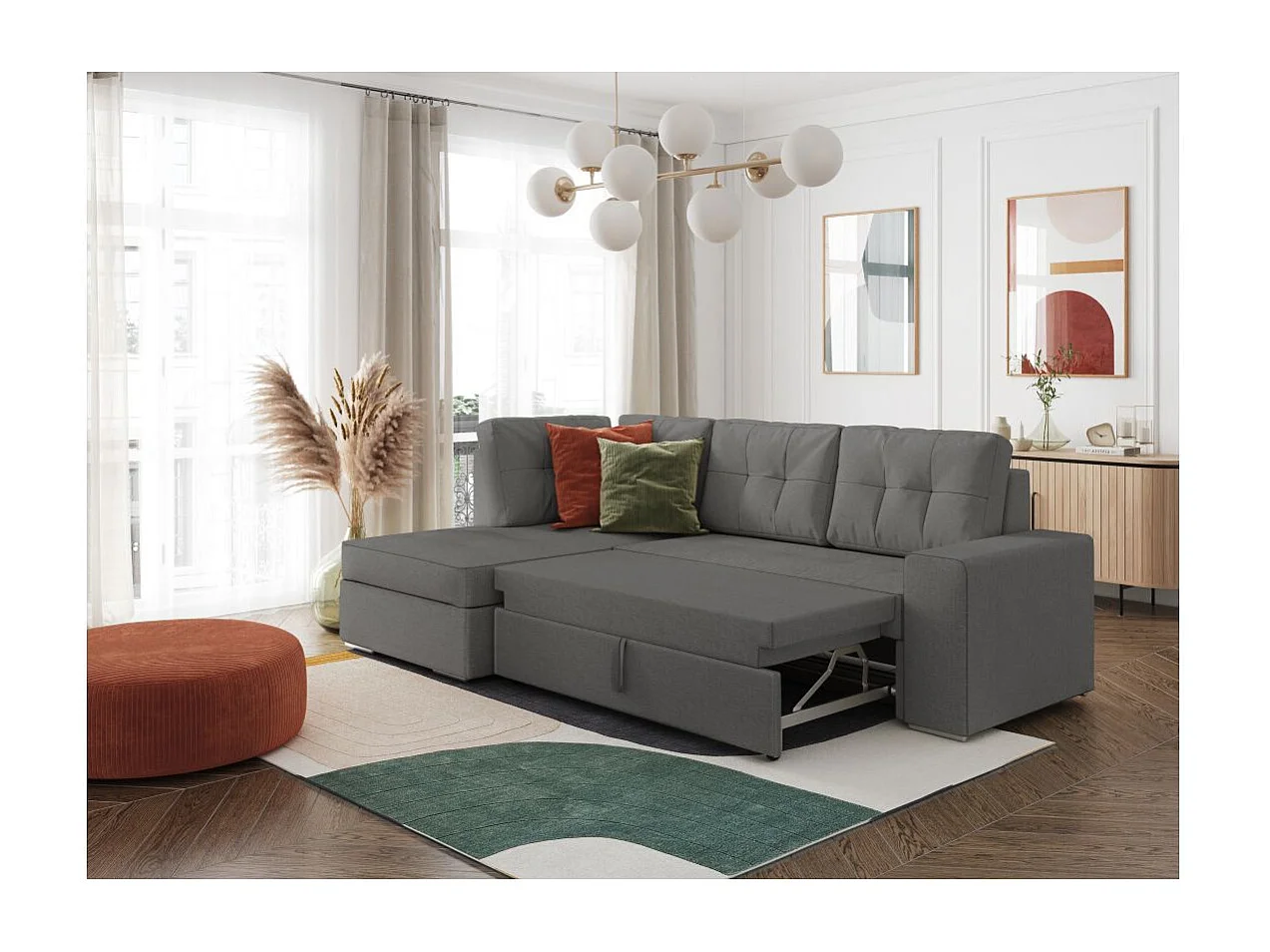 Canapé d'angle gauche 3 places convertible Aden avec coffre en tissu - Gris - L246 x P174 x H96cm - Loungitude