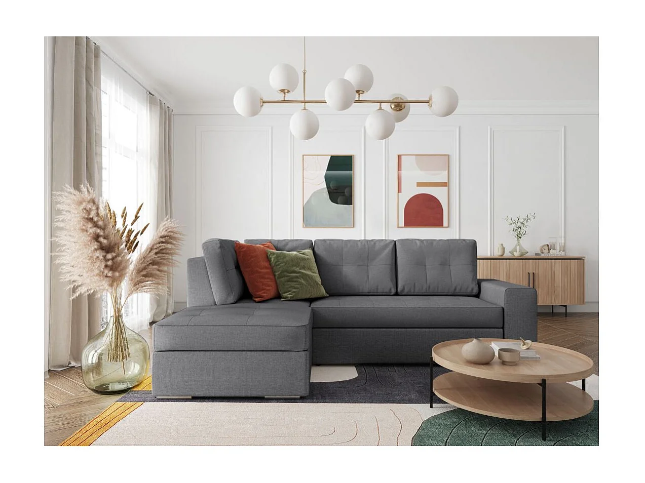 Canapé d'angle gauche 3 places convertible Aden avec coffre en tissu - Gris - L246 x P174 x H96cm - Loungitude
