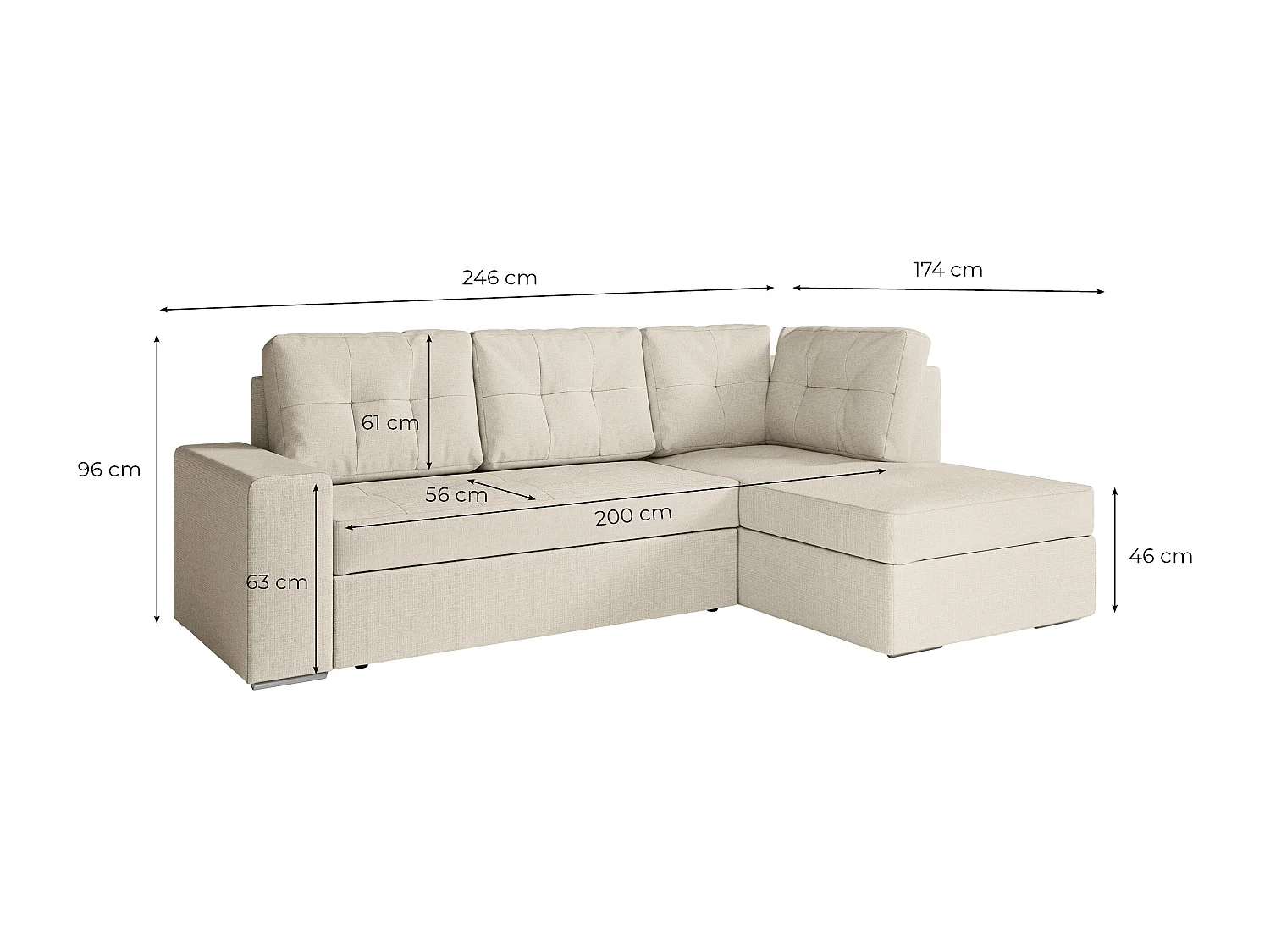 Canapé d'angle gauche 3 places convertible Aden avec coffre en tissu - Gris - L246 x P174 x H96cm - Loungitude