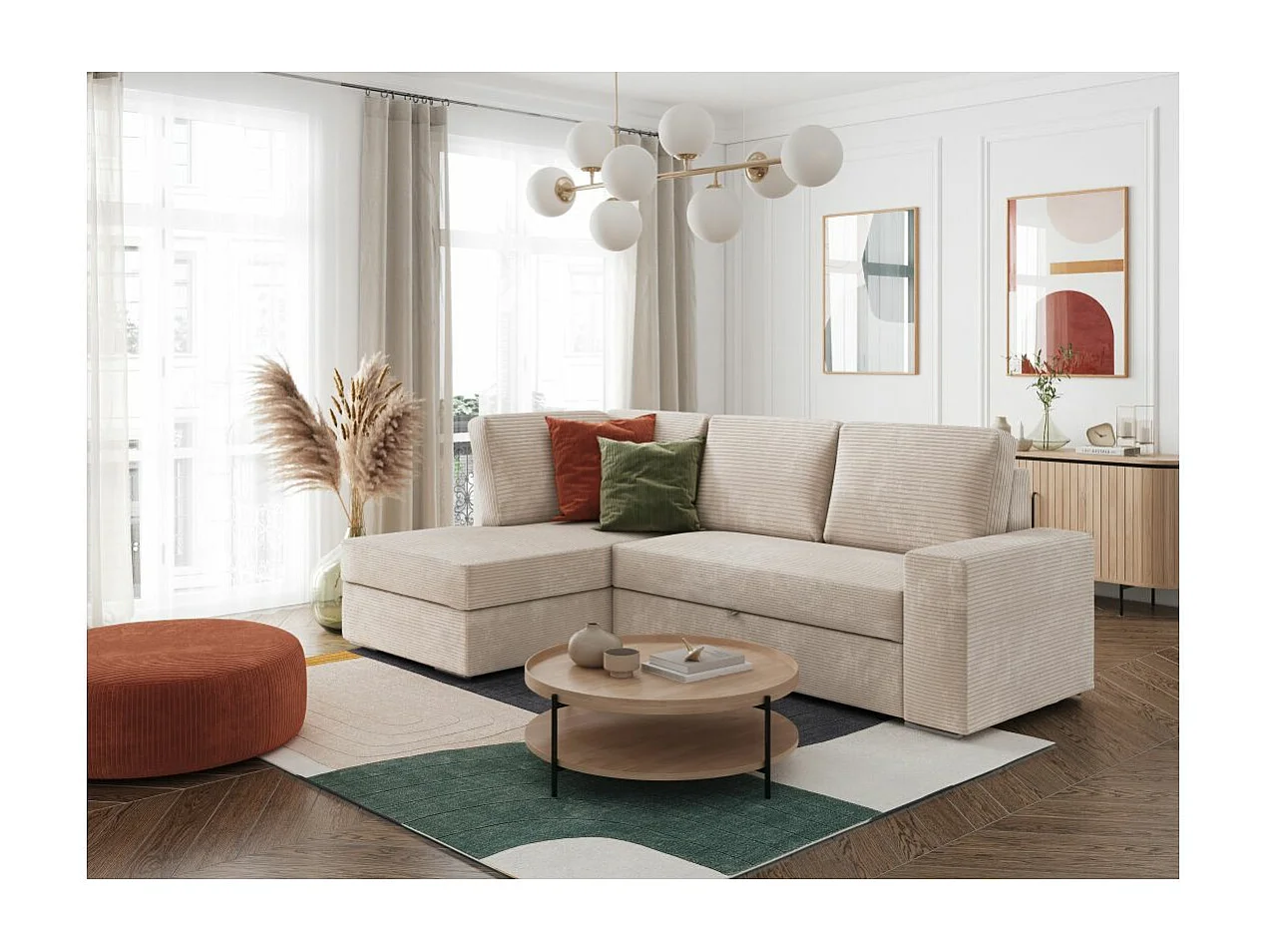 Canapé d'angle gauche 3 places convertible Aden avec coffre en velours côtelé - Beige - L246 x P174 x H96cm - Loungitude