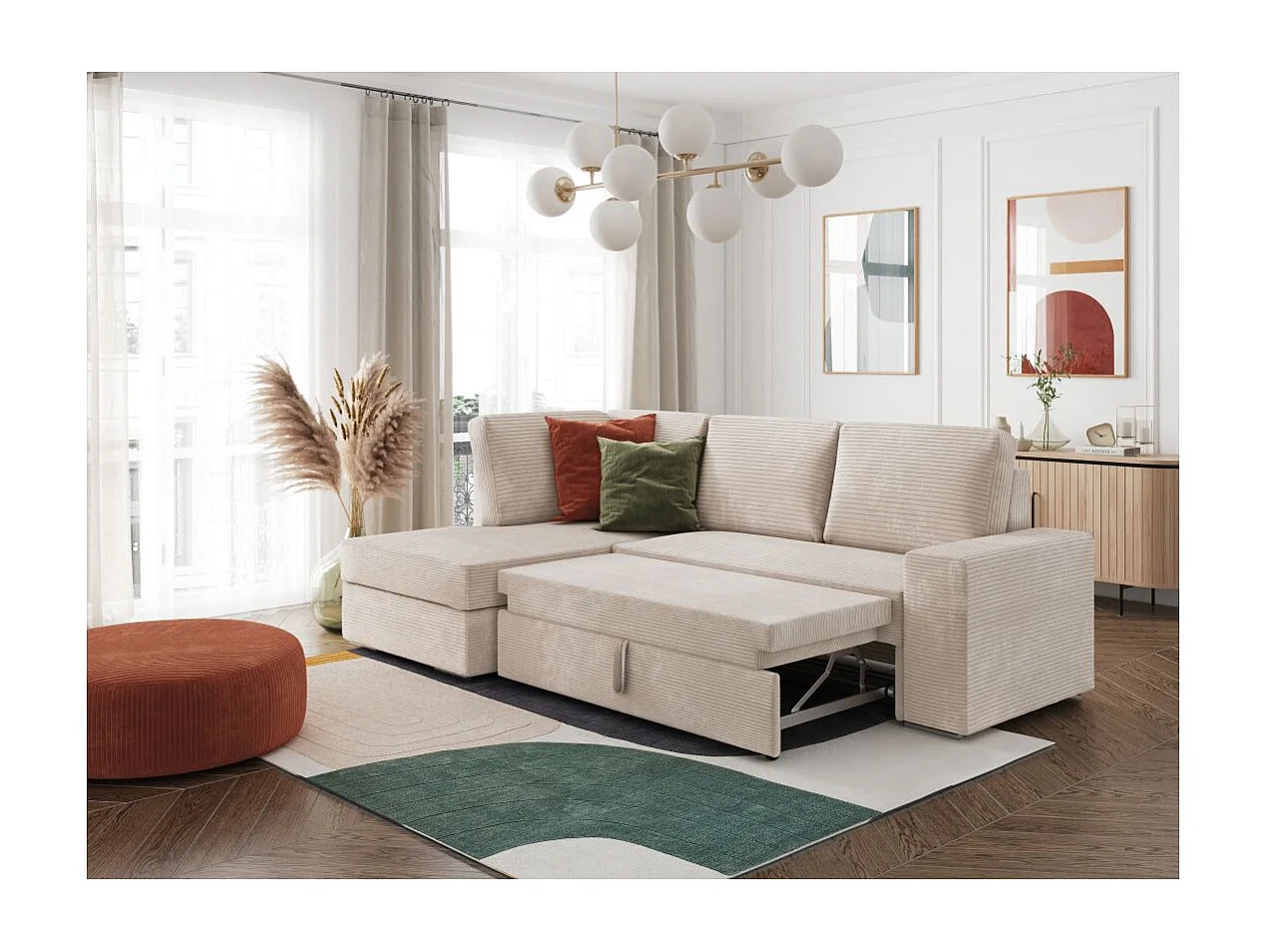 Canapé d'angle gauche 3 places convertible Aden avec coffre en velours côtelé - Beige - L246 x P174 x H96cm - Loungitude