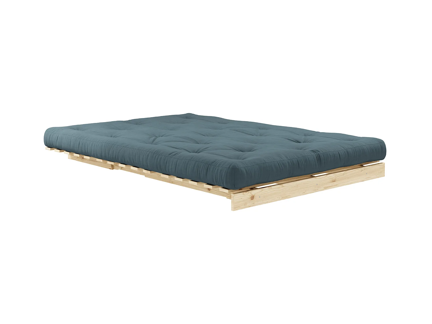 Canapé convertible ROOTS en pin massif naturel avec matelas futon bleu canard 140x200