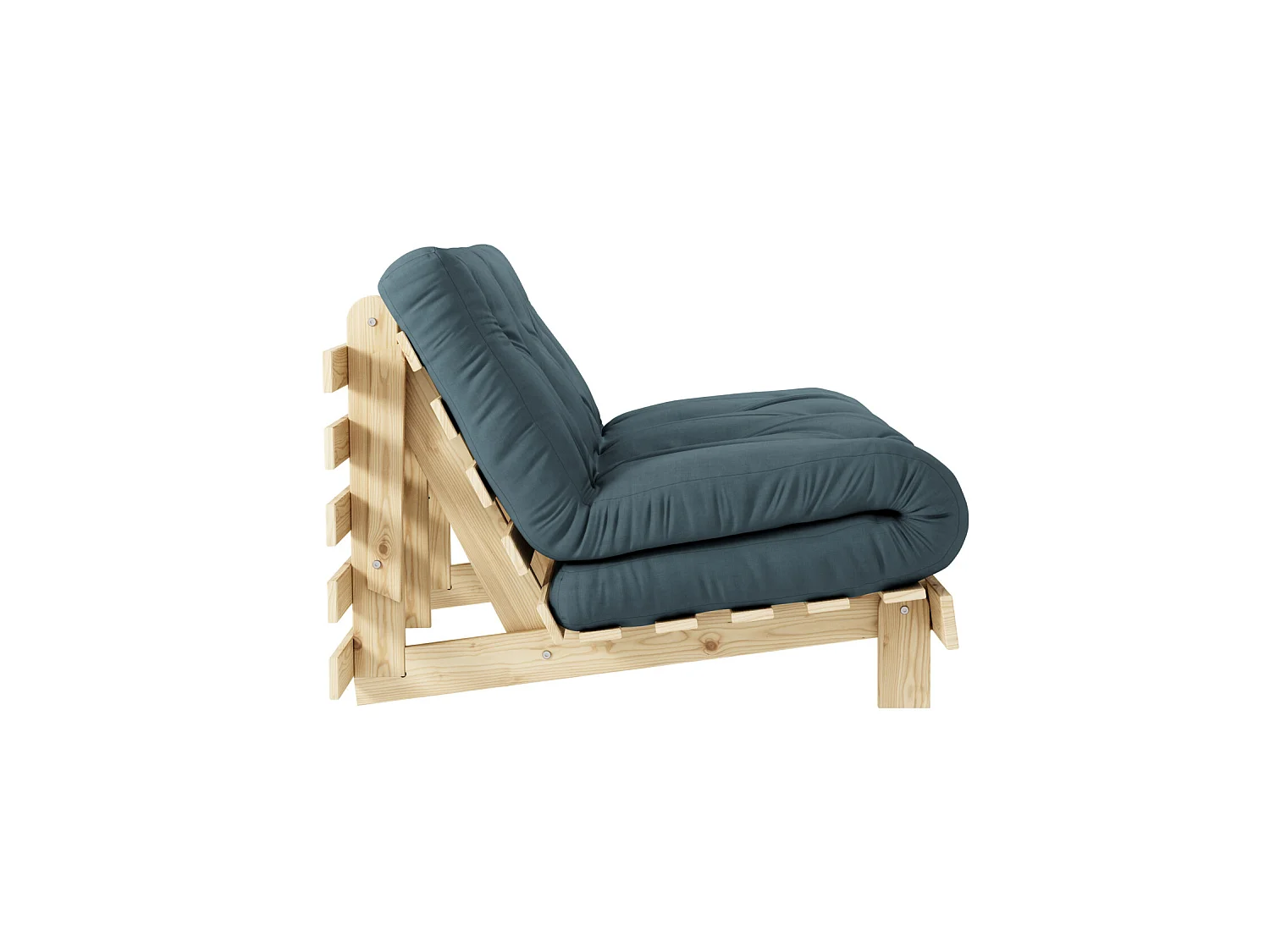 Canapé convertible ROOTS en pin massif naturel avec matelas futon bleu canard 140x200