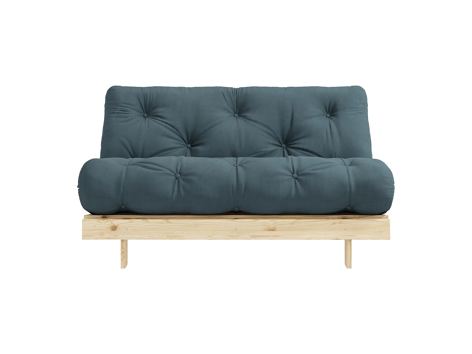 Canapé convertible ROOTS en pin massif naturel avec matelas futon bleu canard 140x200