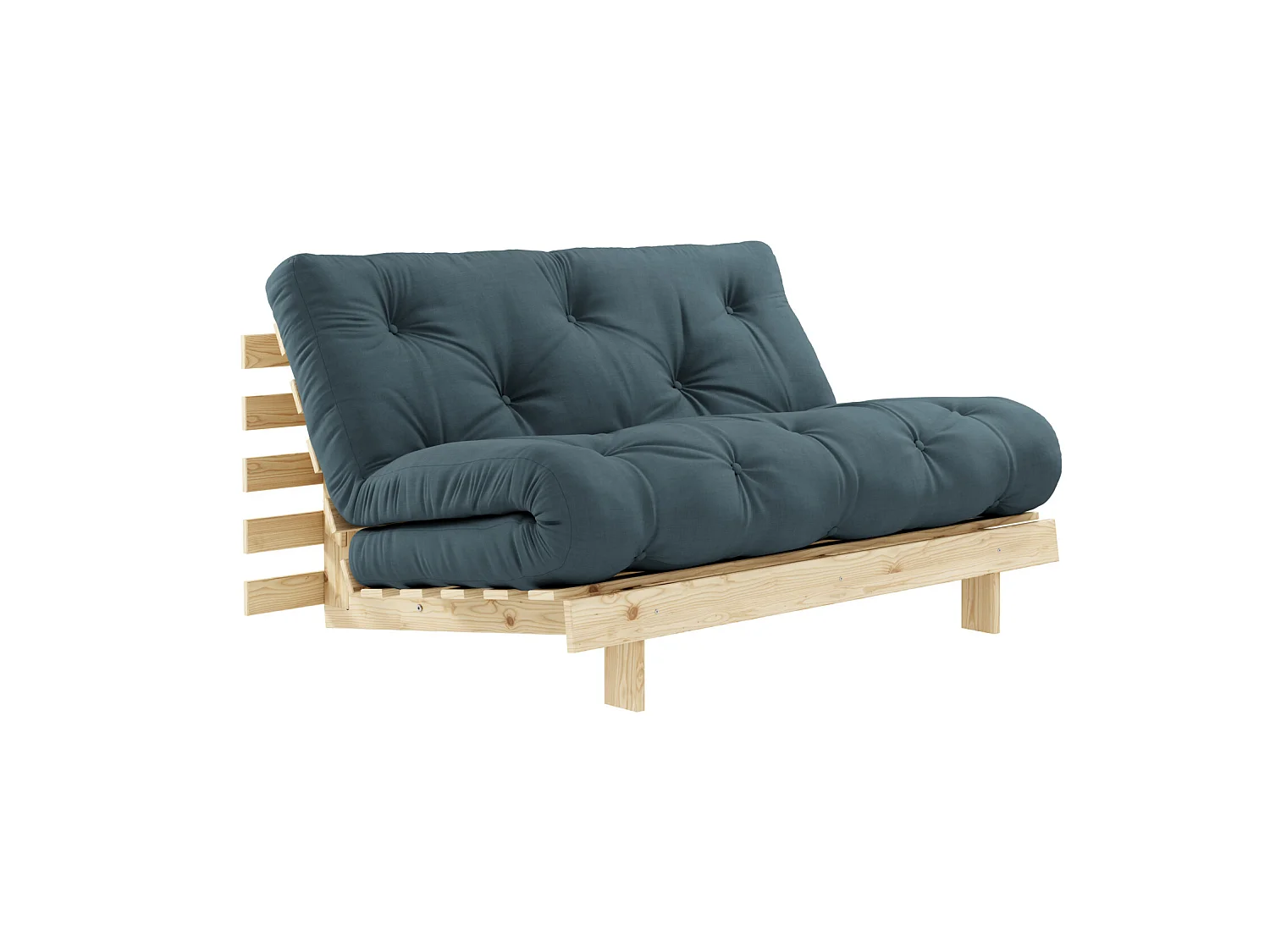 Canapé convertible ROOTS en pin massif naturel avec matelas futon bleu canard 140x200
