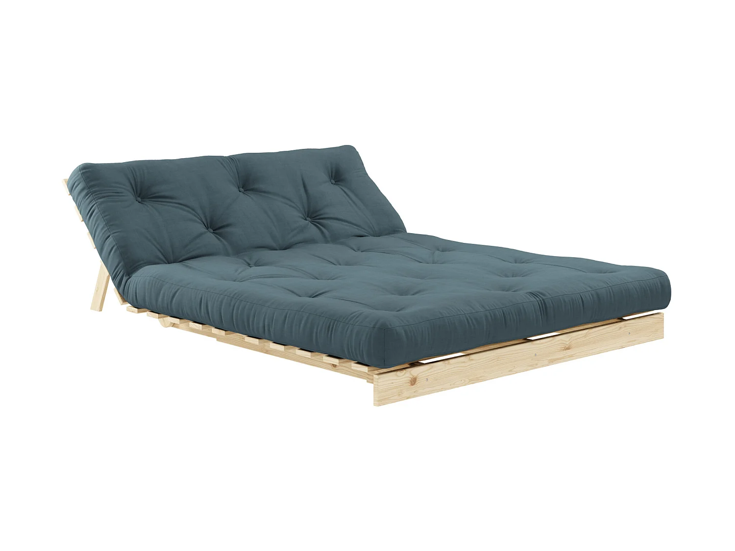 Canapé convertible ROOTS en pin massif naturel avec matelas futon bleu canard 140x200