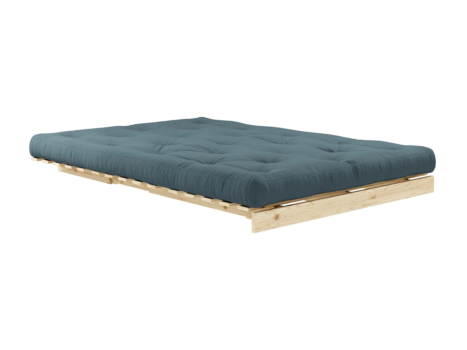 Canapé convertible ROOTS en pin massif naturel avec matelas futon bleu canard 140x200