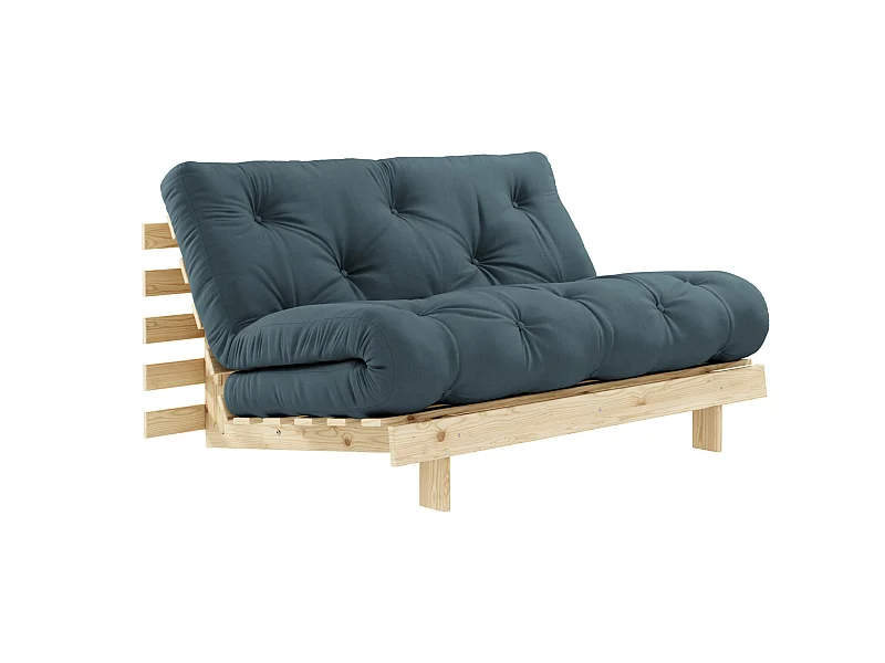Canapé convertible ROOTS en pin massif naturel avec matelas futon bleu canard 140x200