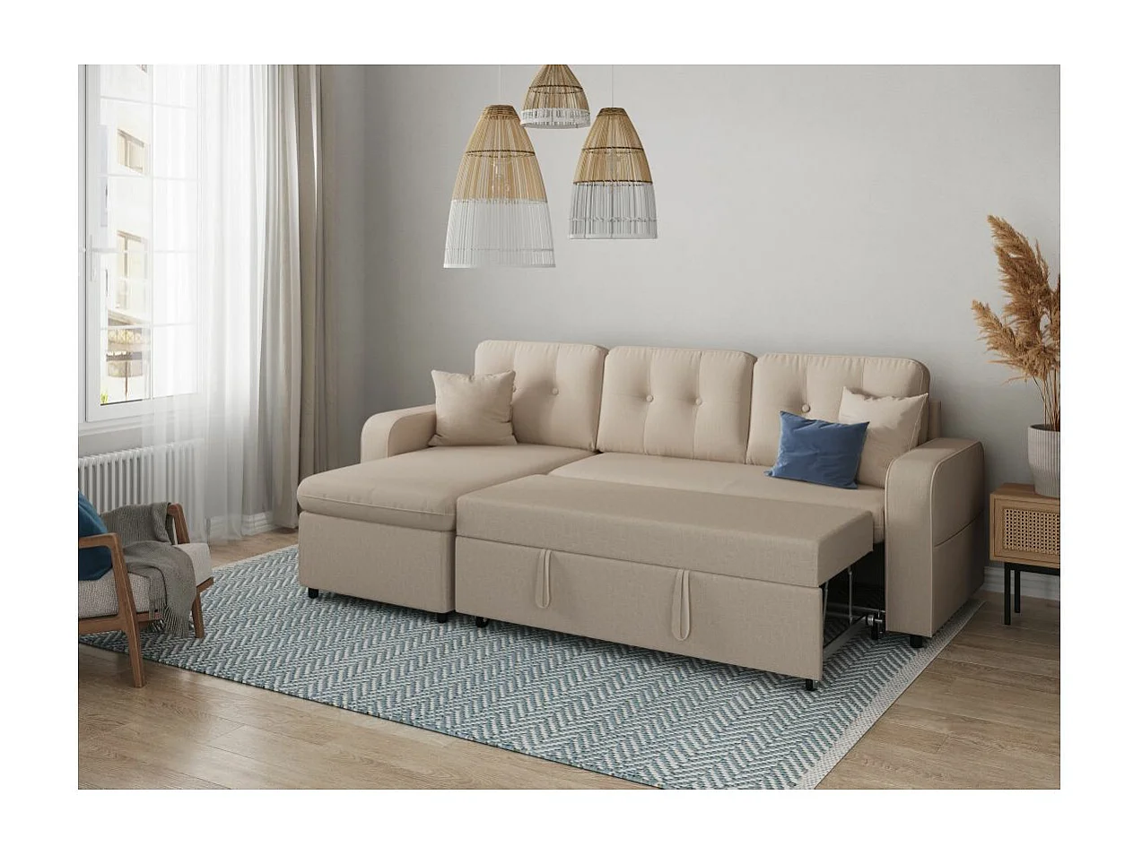 Canapé d'angle 3 places convertible réversible Marius en tissu - Beige - L220 x P146 x H84cm - Loungitude