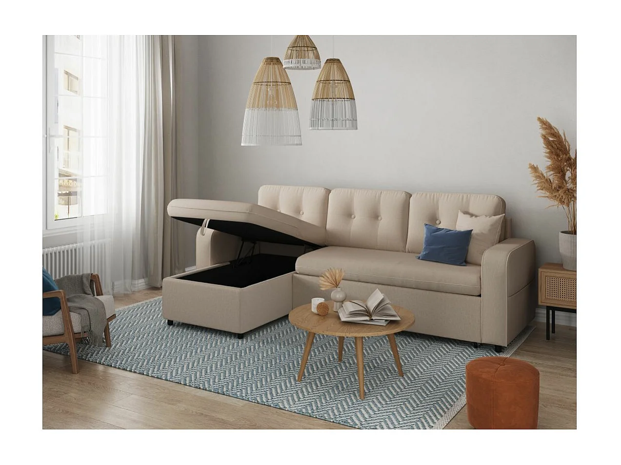 Canapé d'angle 3 places convertible réversible Marius en tissu - Beige - L220 x P146 x H84cm - Loungitude