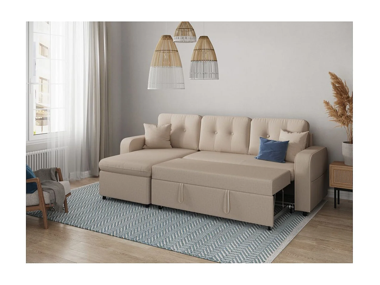 Canapé d'angle 3 places convertible réversible Marius en tissu - Beige - L220 x P146 x H84cm - Loungitude