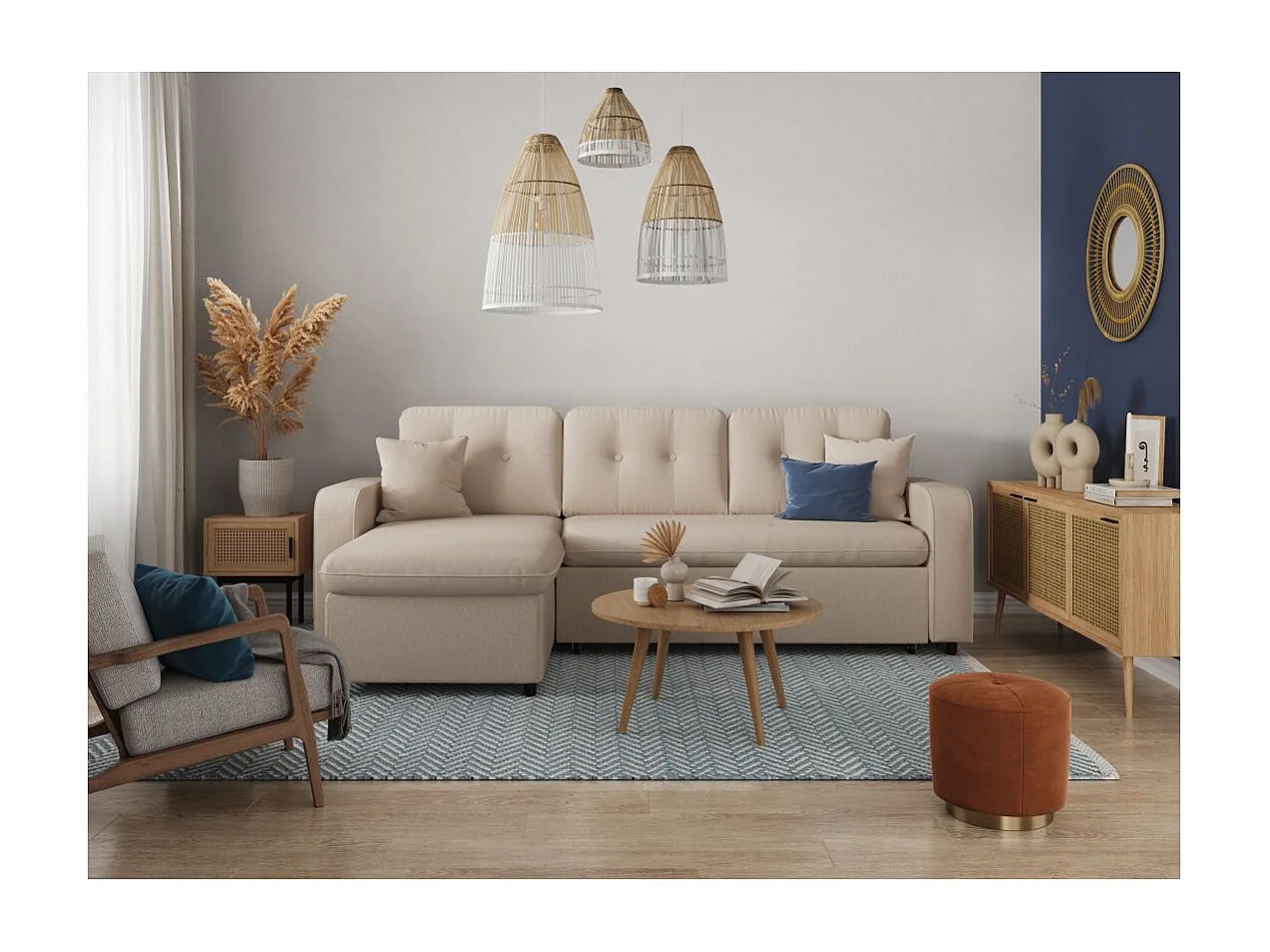 Canapé d'angle 3 places convertible réversible Marius en tissu - Beige - L220 x P146 x H84cm - Loungitude