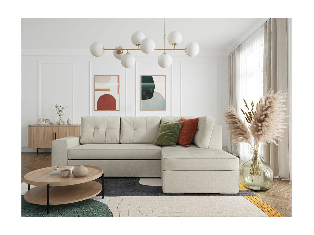 Canapé d'angle droit 3 places convertible Aden avec coffre en tissu - Beige - L246 x P174 x H96cm - Loungitude