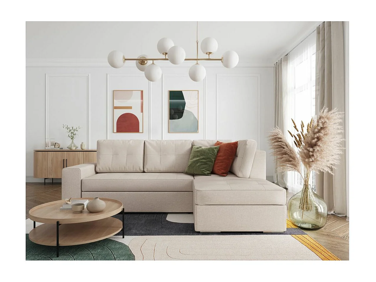 Canapé d'angle droit 3 places convertible Aden avec coffre en tissu - Beige - L246 x P174 x H96cm - Loungitude