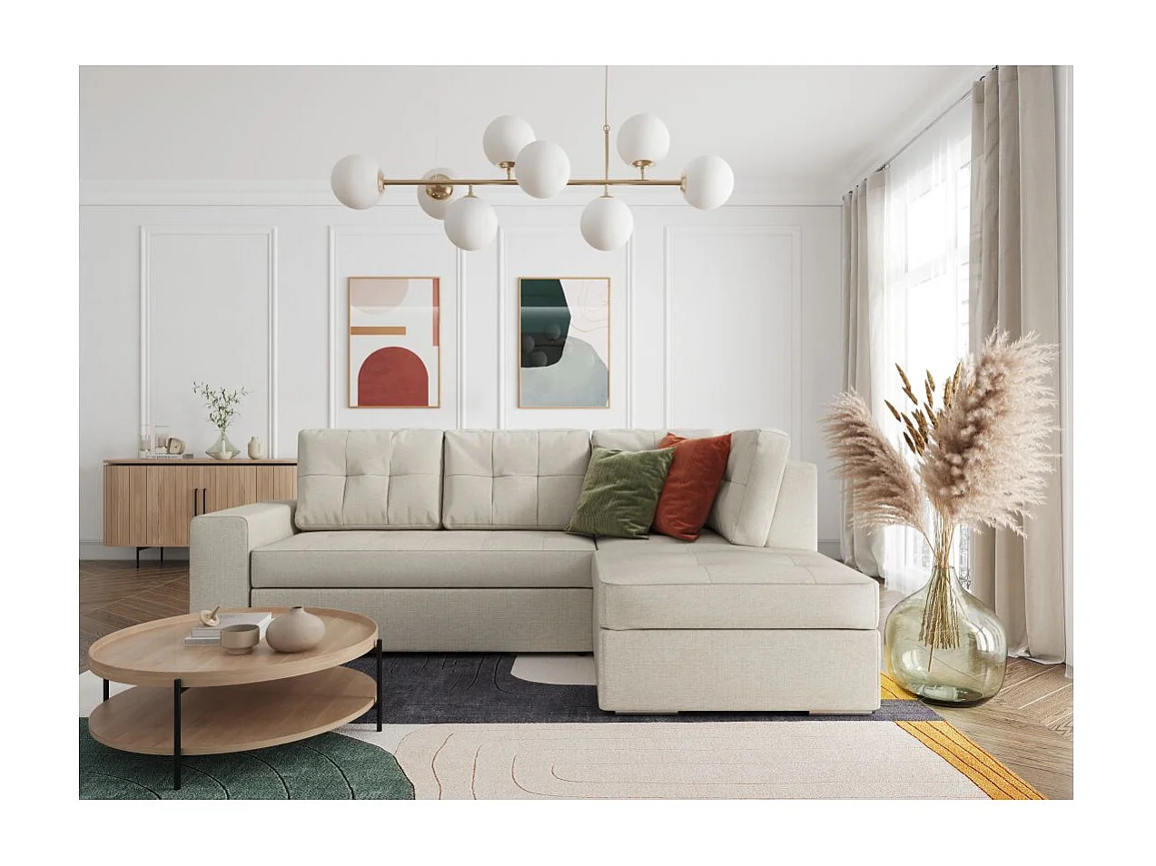 Canapé d'angle droit 3 places convertible Aden avec coffre en tissu - Beige - L246 x P174 x H96cm - Loungitude