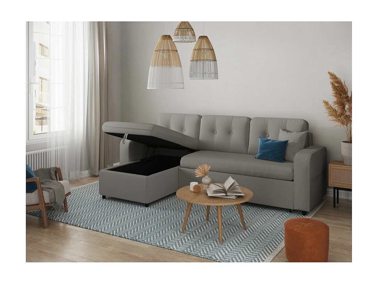 Canapé d'angle 3 places convertible réversible Marius en tissu - Gris clair - L220 x P146 x H84cm - Loungitude