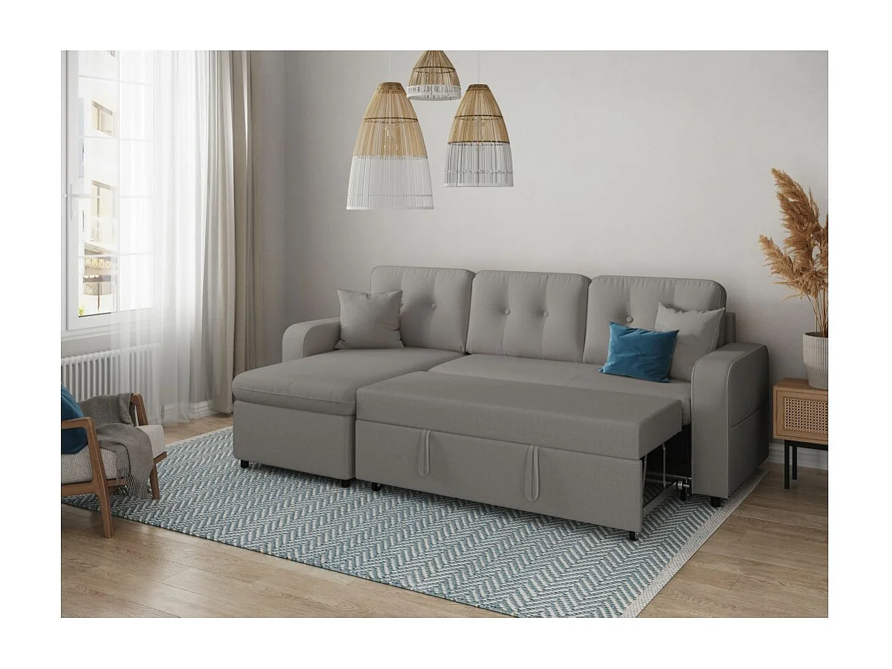 Canapé d'angle 3 places convertible réversible Marius en tissu - Gris clair - L220 x P146 x H84cm - Loungitude