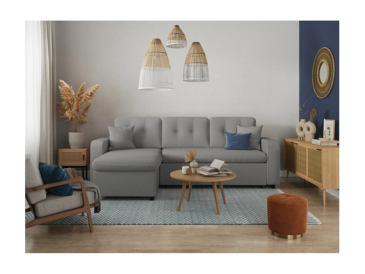 Canapé d'angle 3 places convertible réversible Marius en tissu - Gris clair - L220 x P146 x H84cm - Loungitude