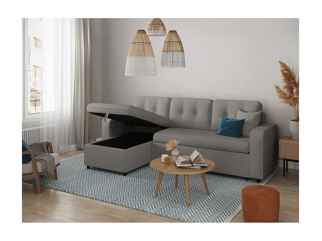 Canapé d'angle 3 places convertible réversible Marius en tissu - Gris clair - L220 x P146 x H84cm - Loungitude