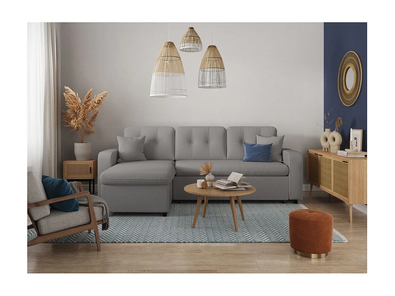 Canapé d'angle 3 places convertible réversible Marius en tissu - Gris clair - L220 x P146 x H84cm - Loungitude