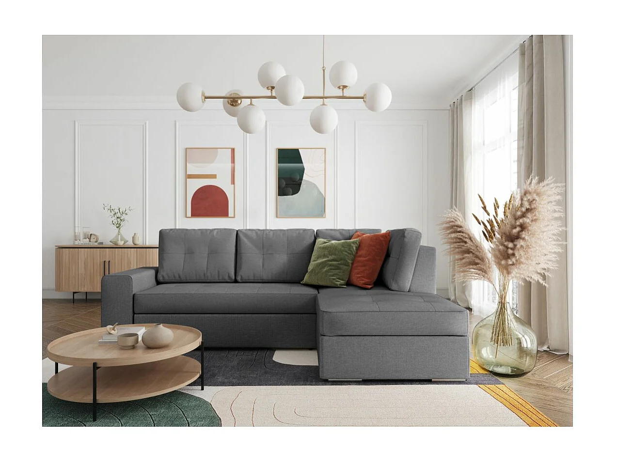 Canapé d'angle droit 3 places convertible Aden avec coffre en tissu - Gris - L246 x P174 x H96cm - Loungitude