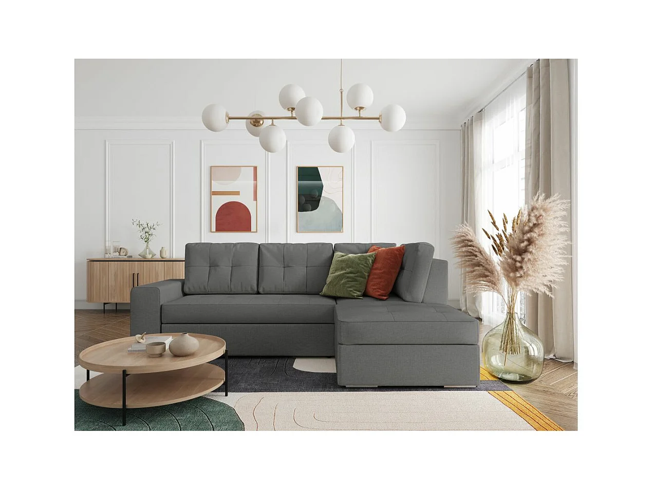 Canapé d'angle droit 3 places convertible Aden avec coffre en tissu - Gris - L246 x P174 x H96cm - Loungitude