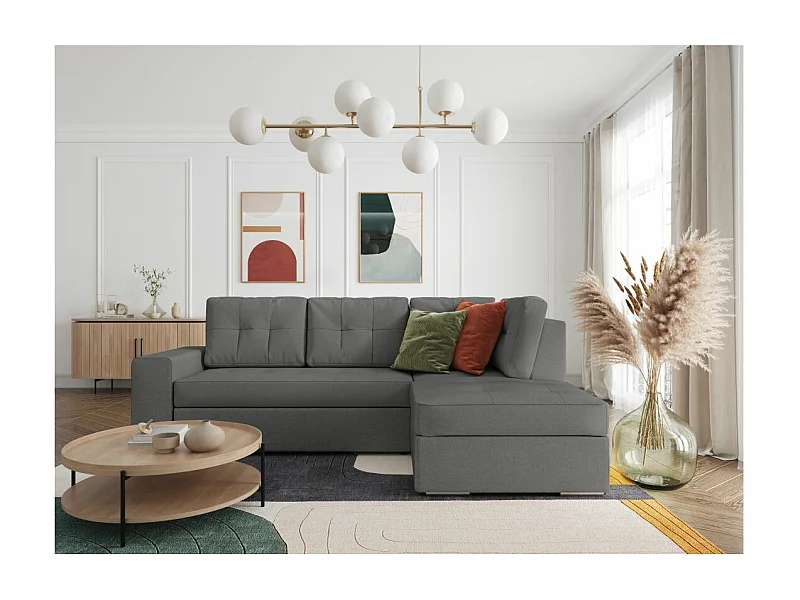 Canapé d'angle droit 3 places convertible Aden avec coffre en tissu - Gris - L246 x P174 x H96cm - Loungitude