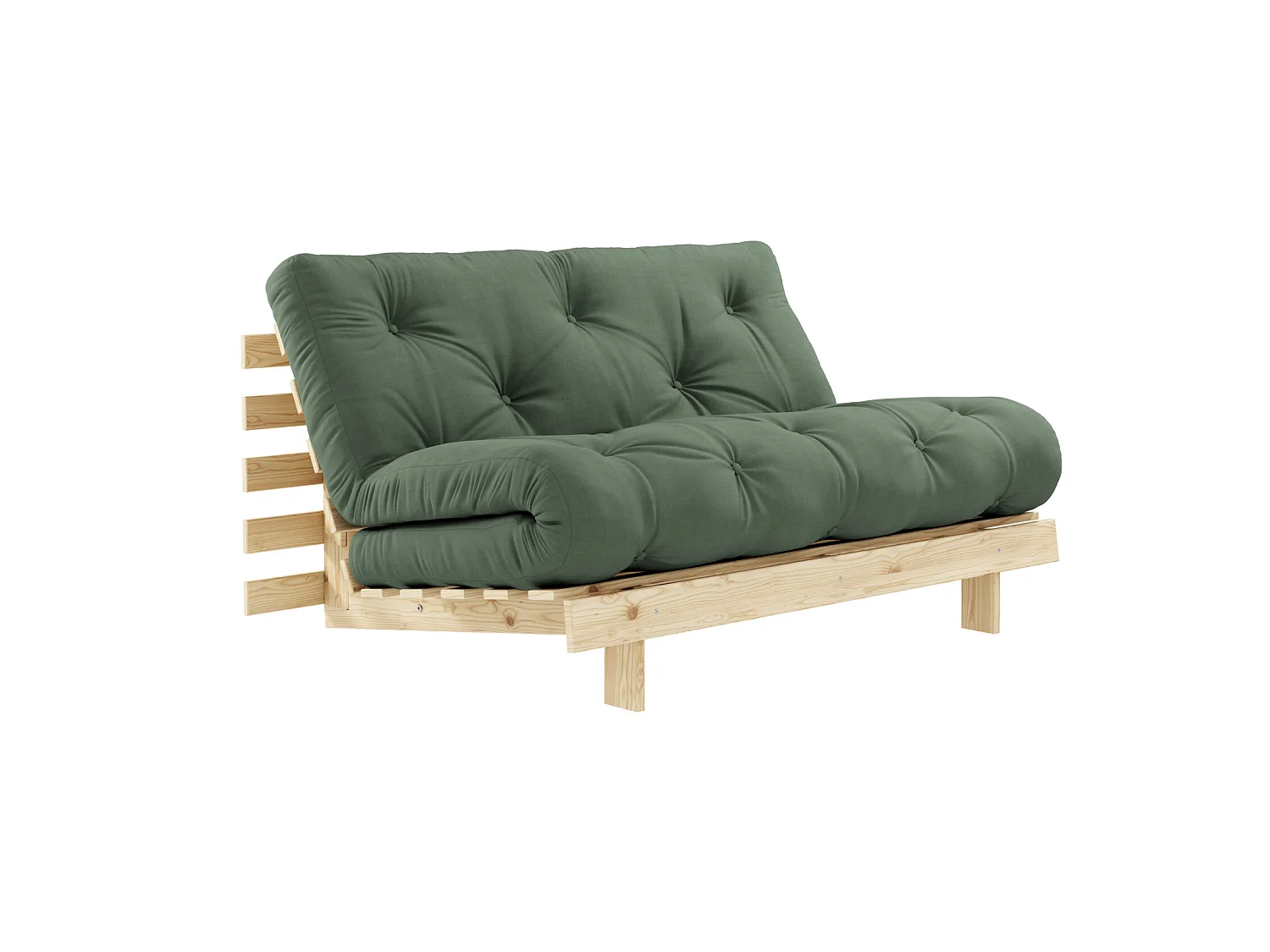 Canapé convertible ROOTS en pin massif naturel avec matelas futon kaki 140x200