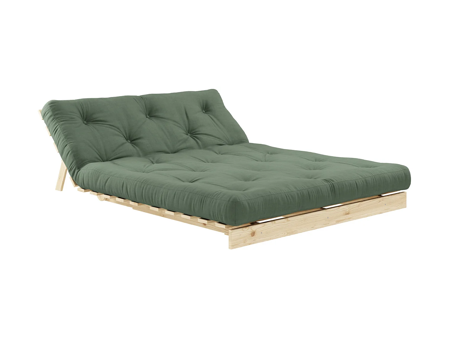 Canapé convertible ROOTS en pin massif naturel avec matelas futon kaki 140x200