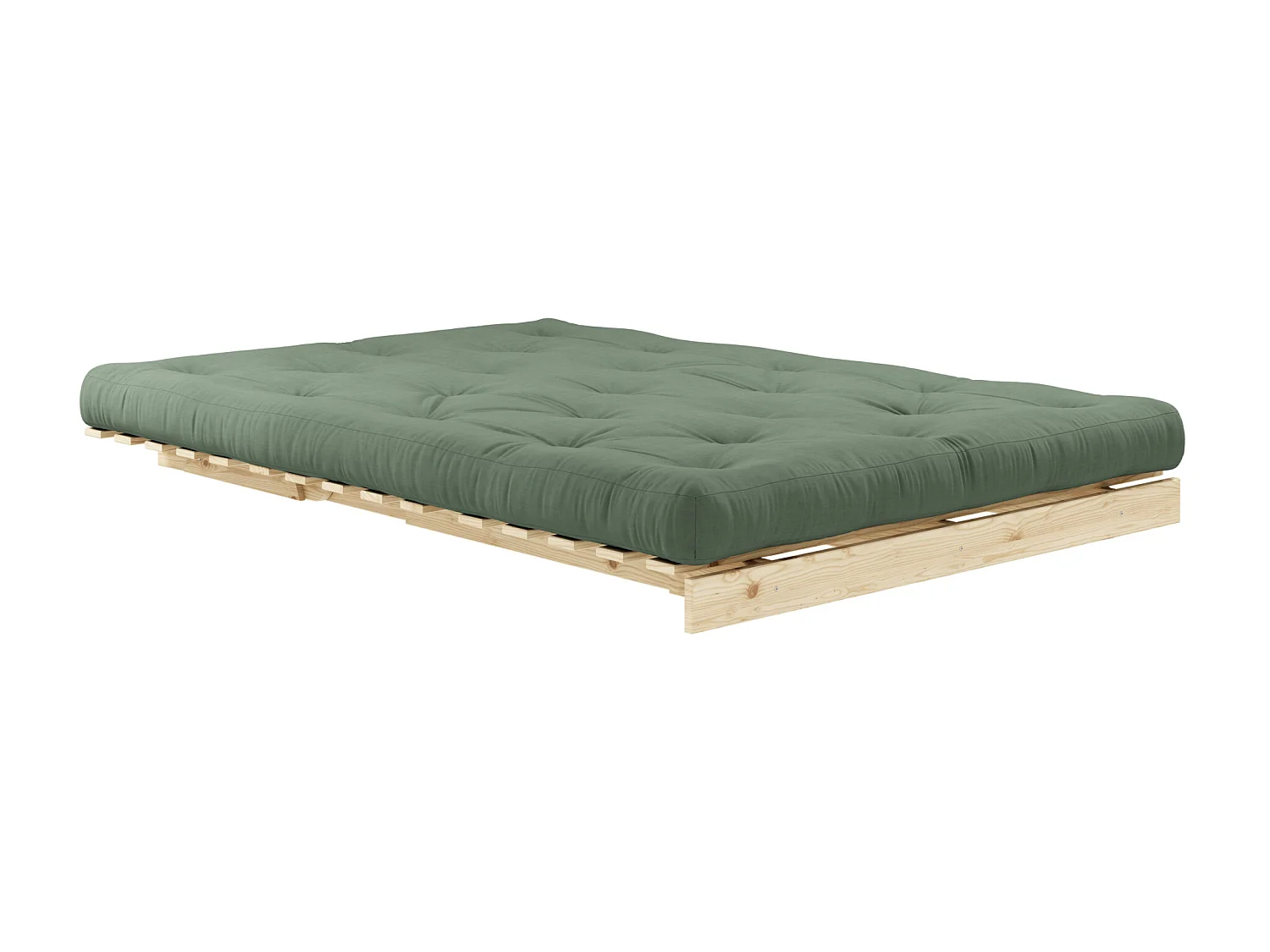 Canapé convertible ROOTS en pin massif naturel avec matelas futon kaki 140x200