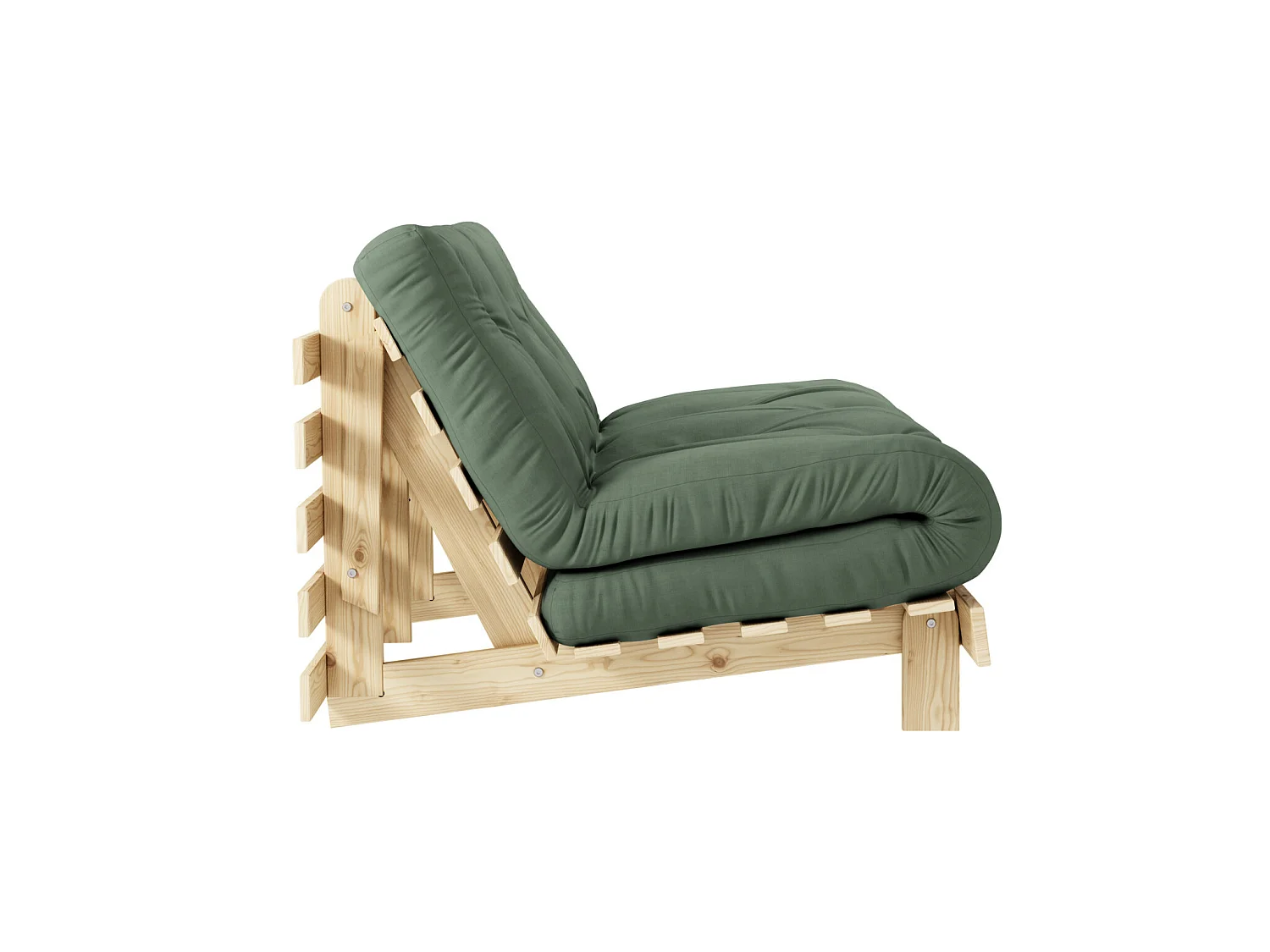 Canapé convertible ROOTS en pin massif naturel avec matelas futon kaki 140x200