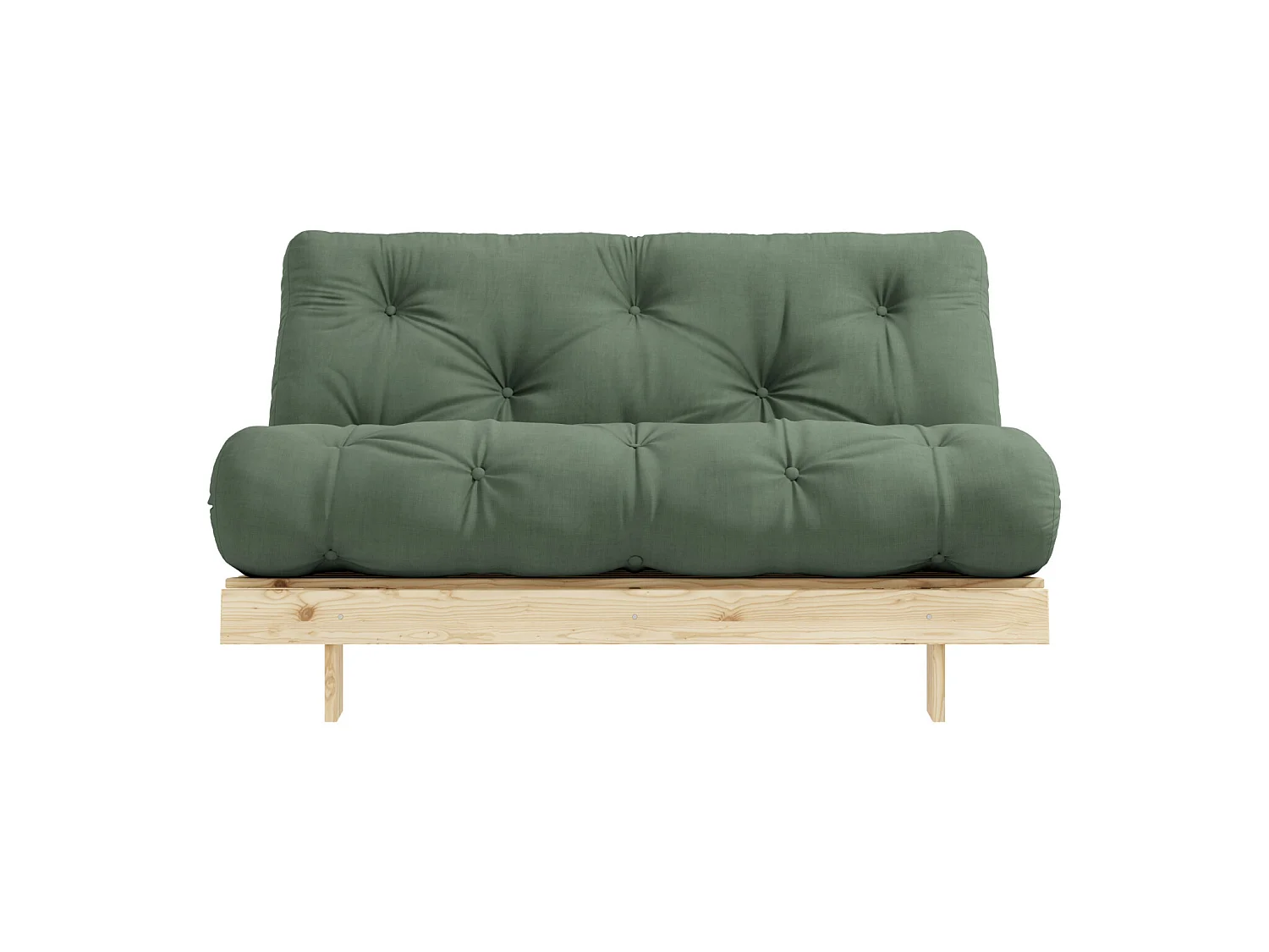 Canapé convertible ROOTS en pin massif naturel avec matelas futon kaki 140x200