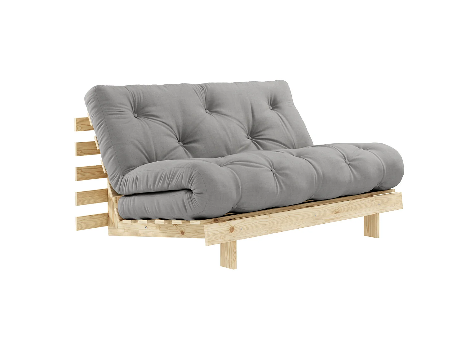 Canapé convertible ROOTS en pin massif naturel avec matelas futon gris 140x200