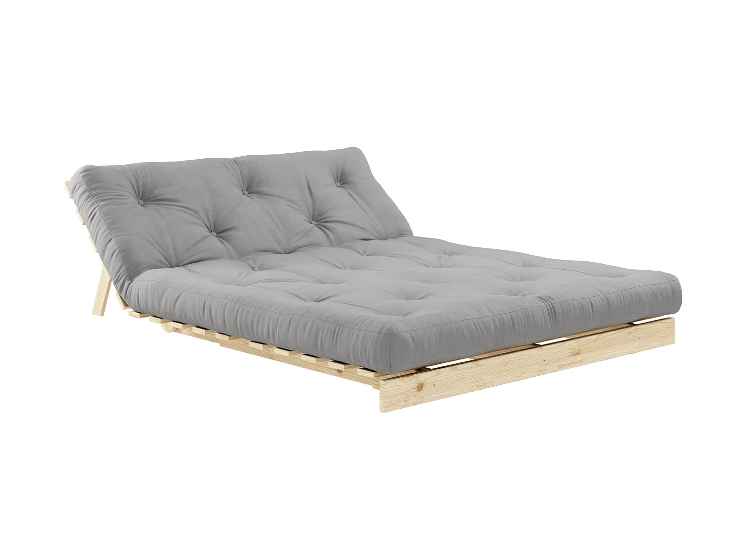 Canapé convertible ROOTS en pin massif naturel avec matelas futon gris 140x200