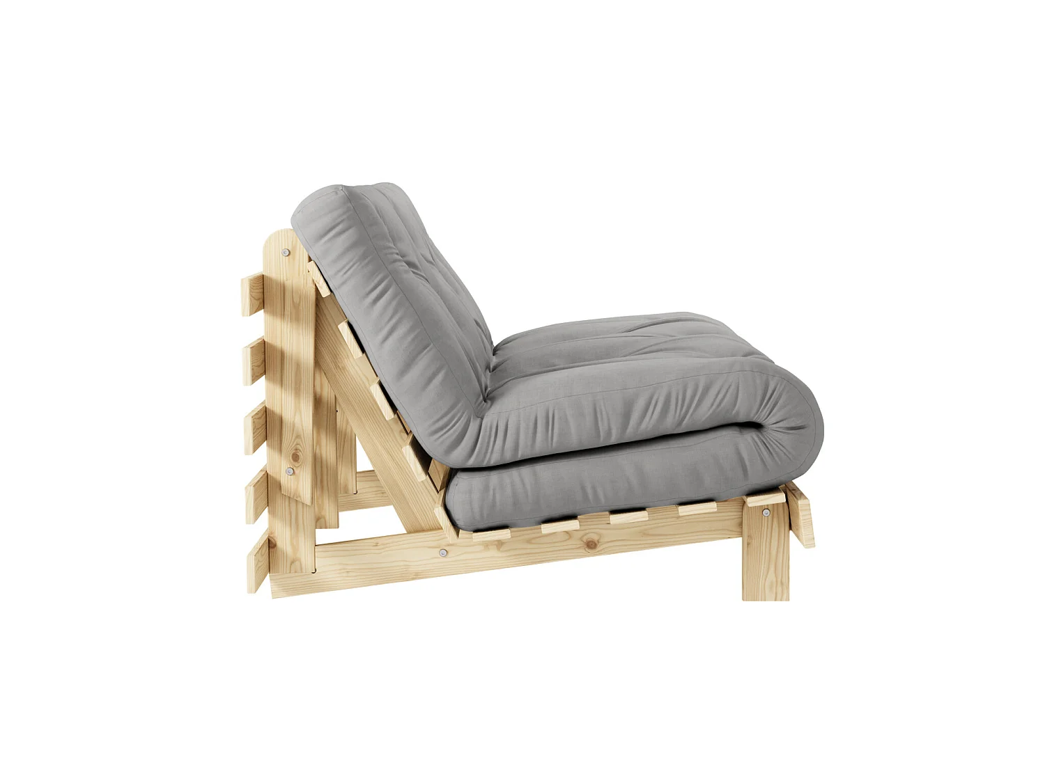 Canapé convertible ROOTS en pin massif naturel avec matelas futon gris 140x200