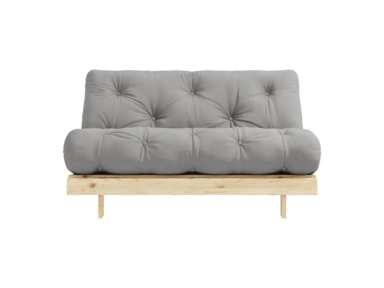 Canapé convertible ROOTS en pin massif naturel avec matelas futon gris 140x200