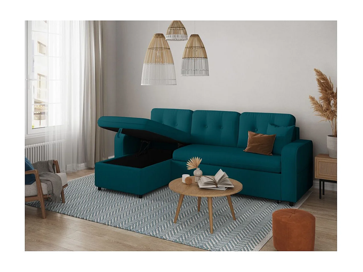 Canapé d'angle 3 places convertible réversible Marius en tissu - Bleu pétrole - L220 x P146 x H84cm - Loungitude
