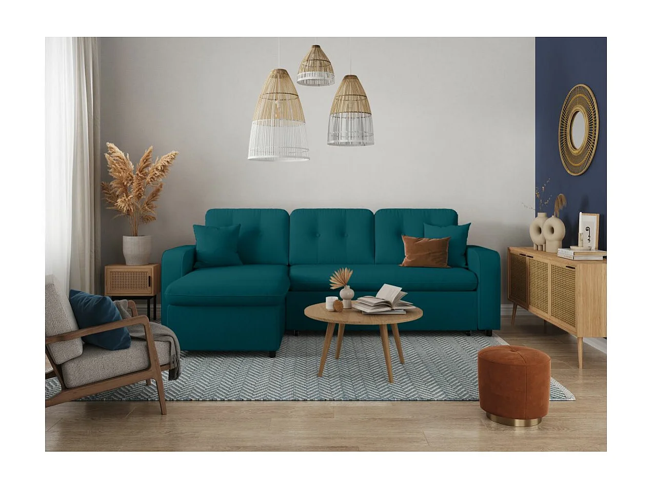 Canapé d'angle 3 places convertible réversible Marius en tissu - Bleu pétrole - L220 x P146 x H84cm - Loungitude