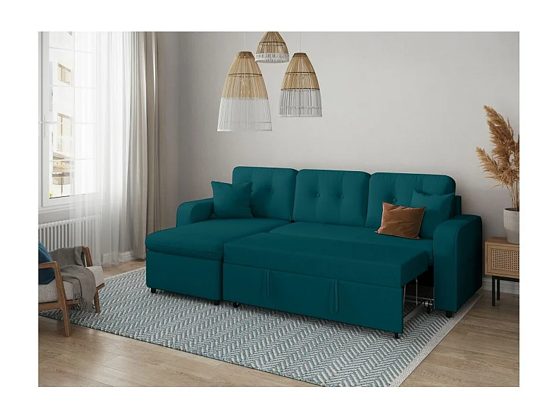Canapé d'angle 3 places convertible réversible Marius en tissu - Bleu pétrole - L220 x P146 x H84cm - Loungitude