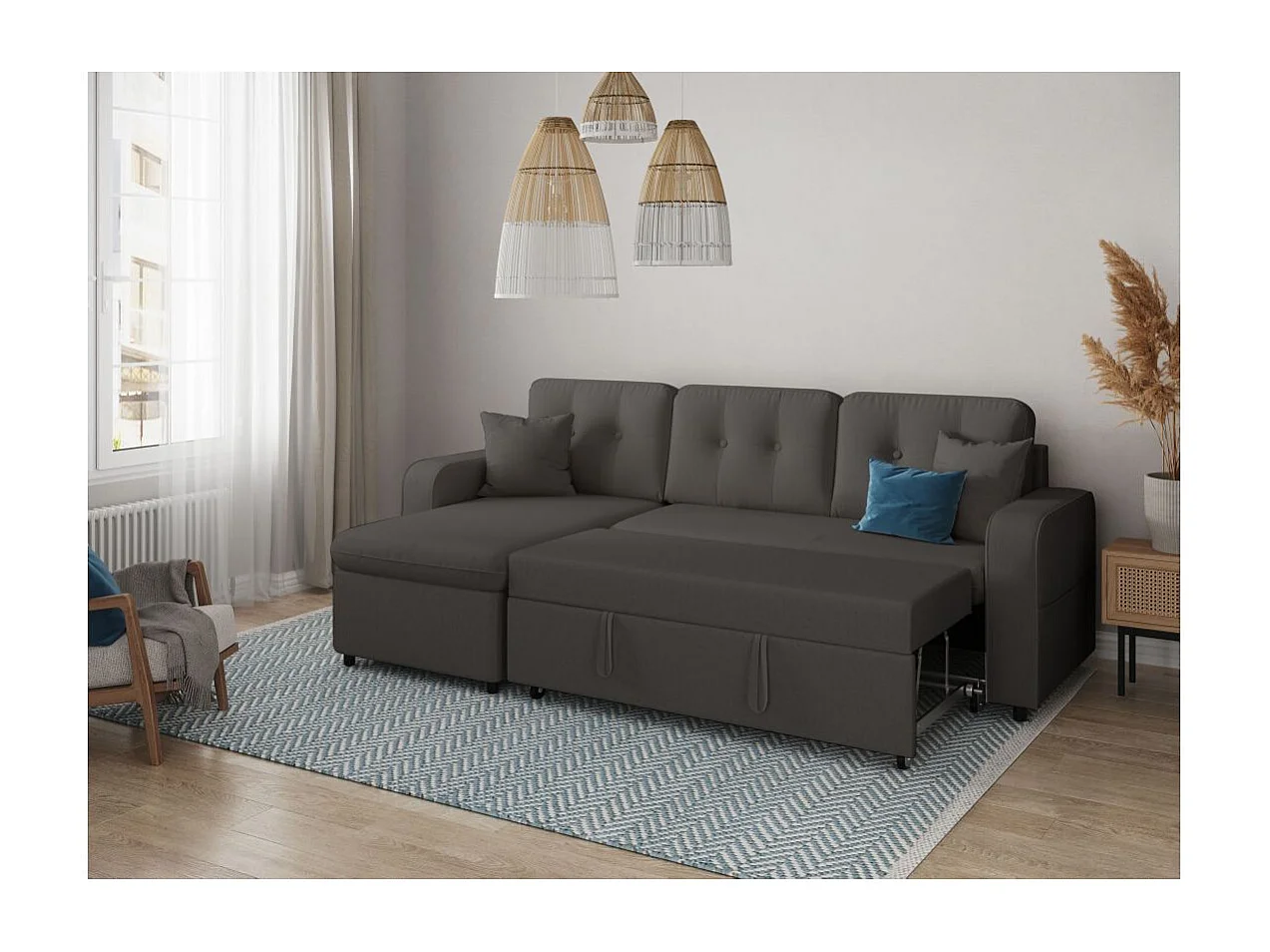 Canapé d'angle 3 places convertible réversible Marius en tissu - Gris anthracite - L220 x P146 x H84cm - Loungitude