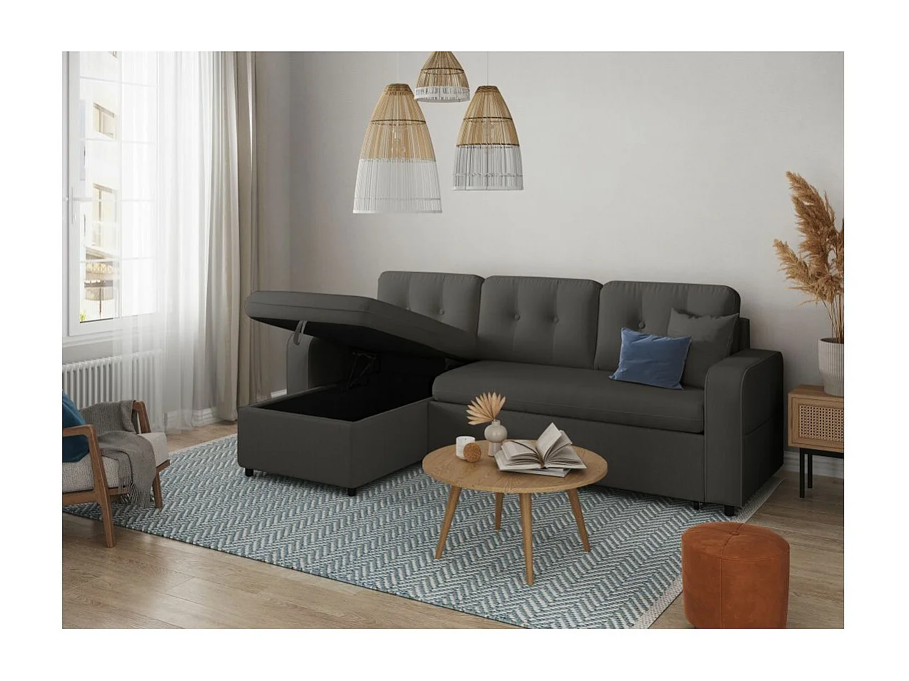Canapé d'angle 3 places convertible réversible Marius en tissu - Gris anthracite - L220 x P146 x H84cm - Loungitude