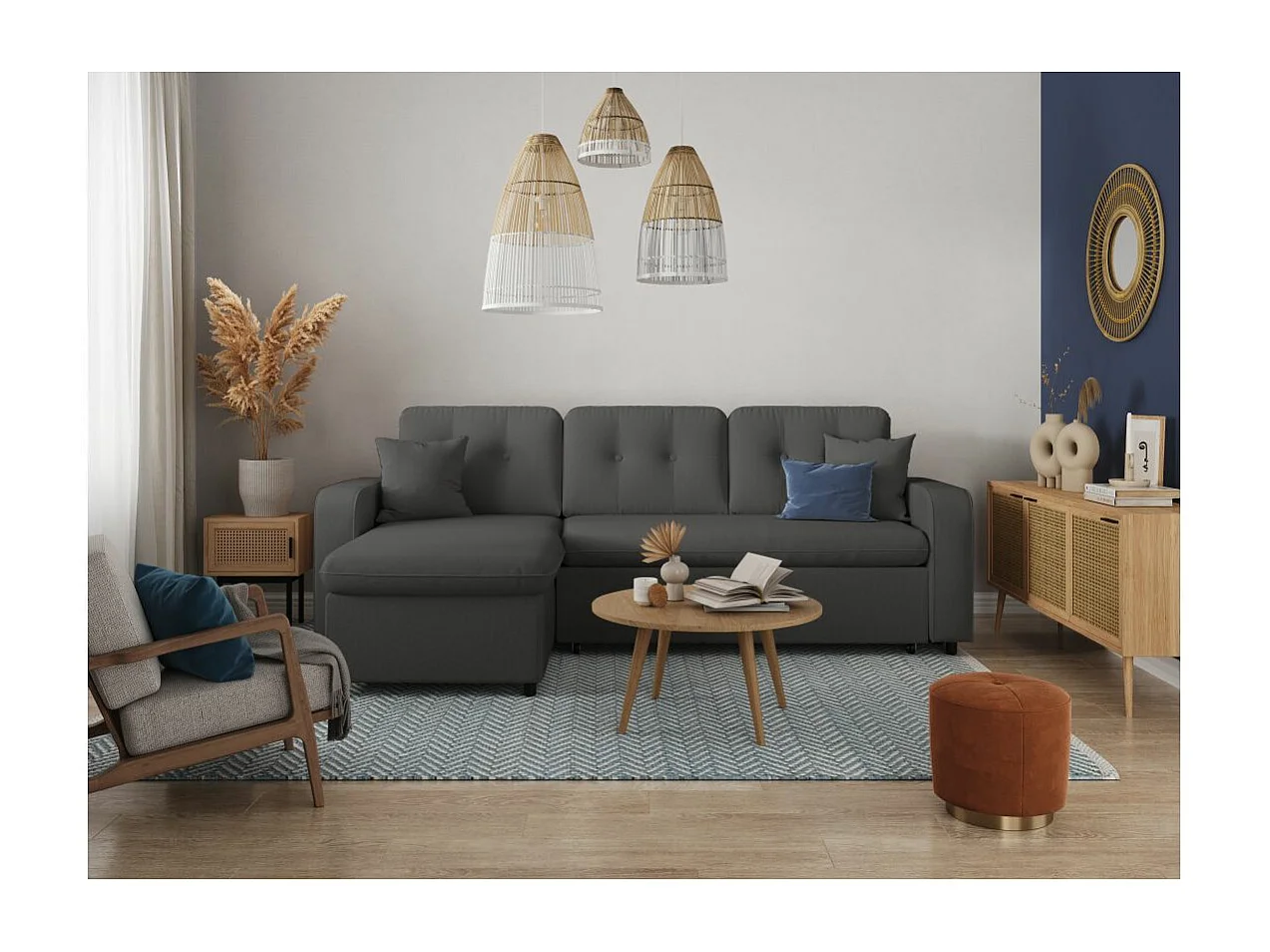 Canapé d'angle 3 places convertible réversible Marius en tissu - Gris anthracite - L220 x P146 x H84cm - Loungitude