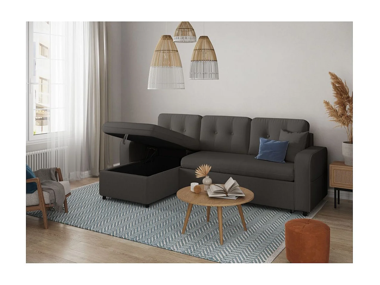 Canapé d'angle 3 places convertible réversible Marius en tissu - Gris anthracite - L220 x P146 x H84cm - Loungitude