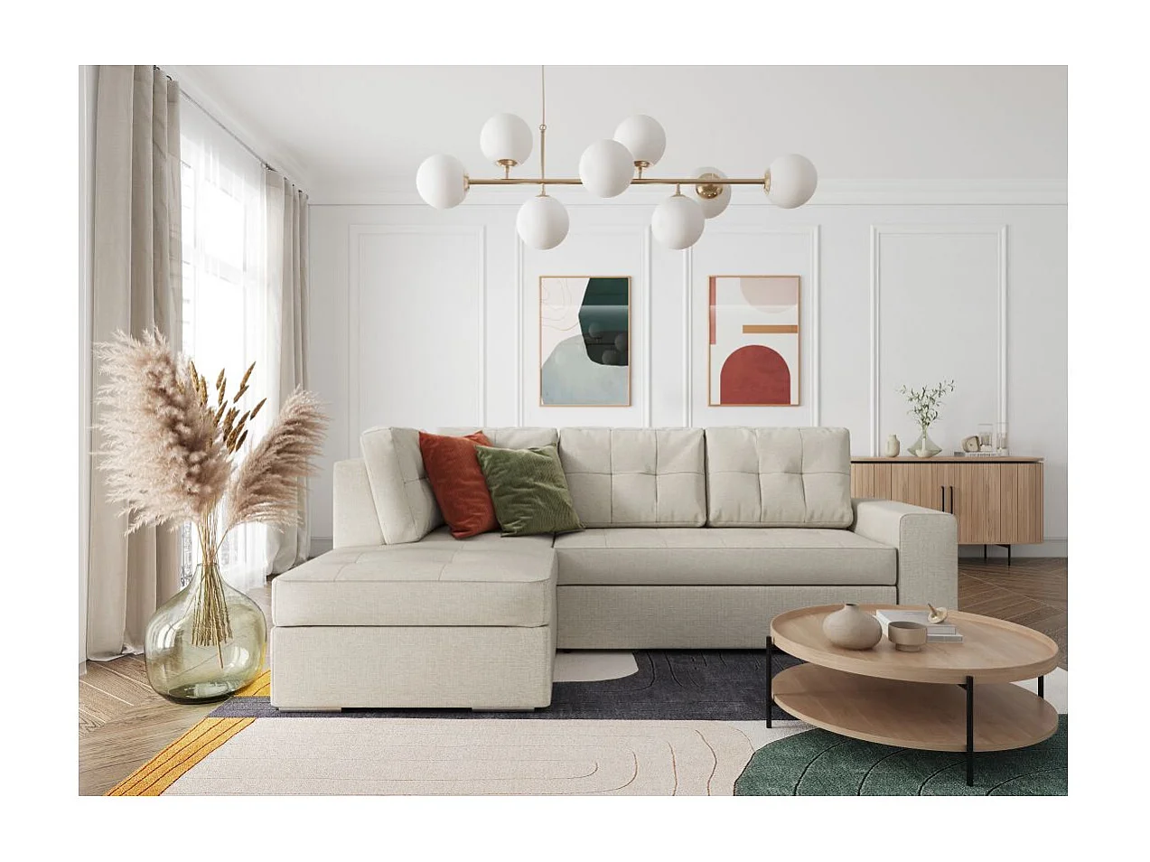 Canapé d'angle gauche 3 places convertible Aden avec coffre en tissu - Beige - L246 x P174 x H96cm - Loungitude