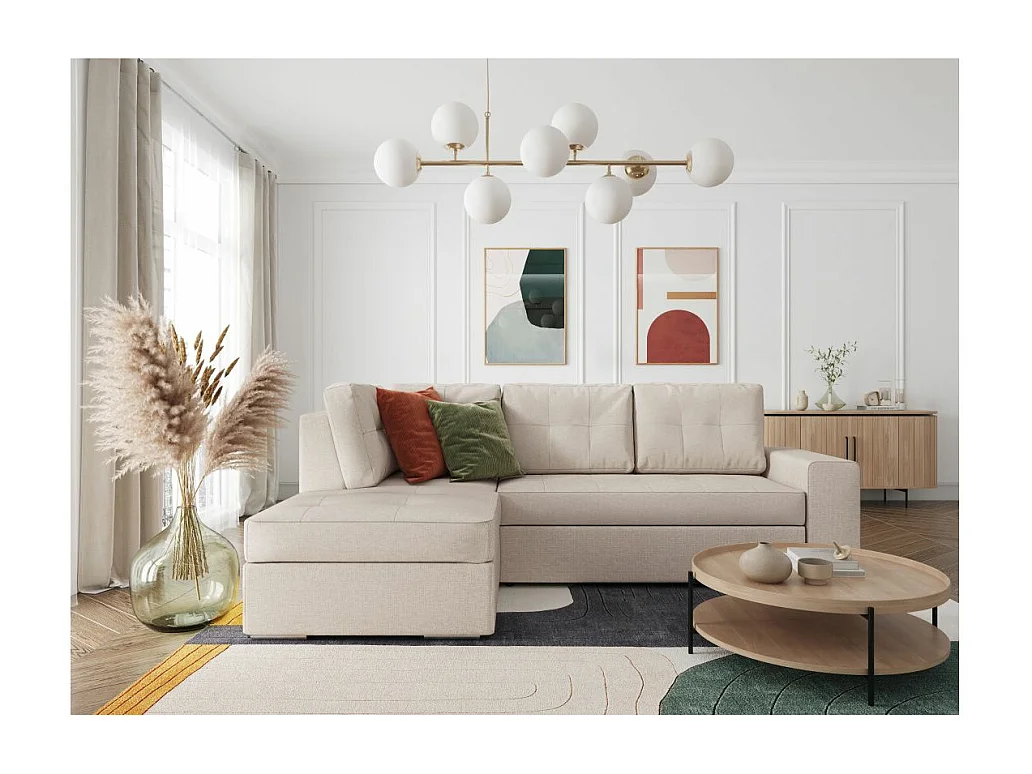 Canapé d'angle gauche 3 places convertible Aden avec coffre en tissu - Beige - L246 x P174 x H96cm - Loungitude